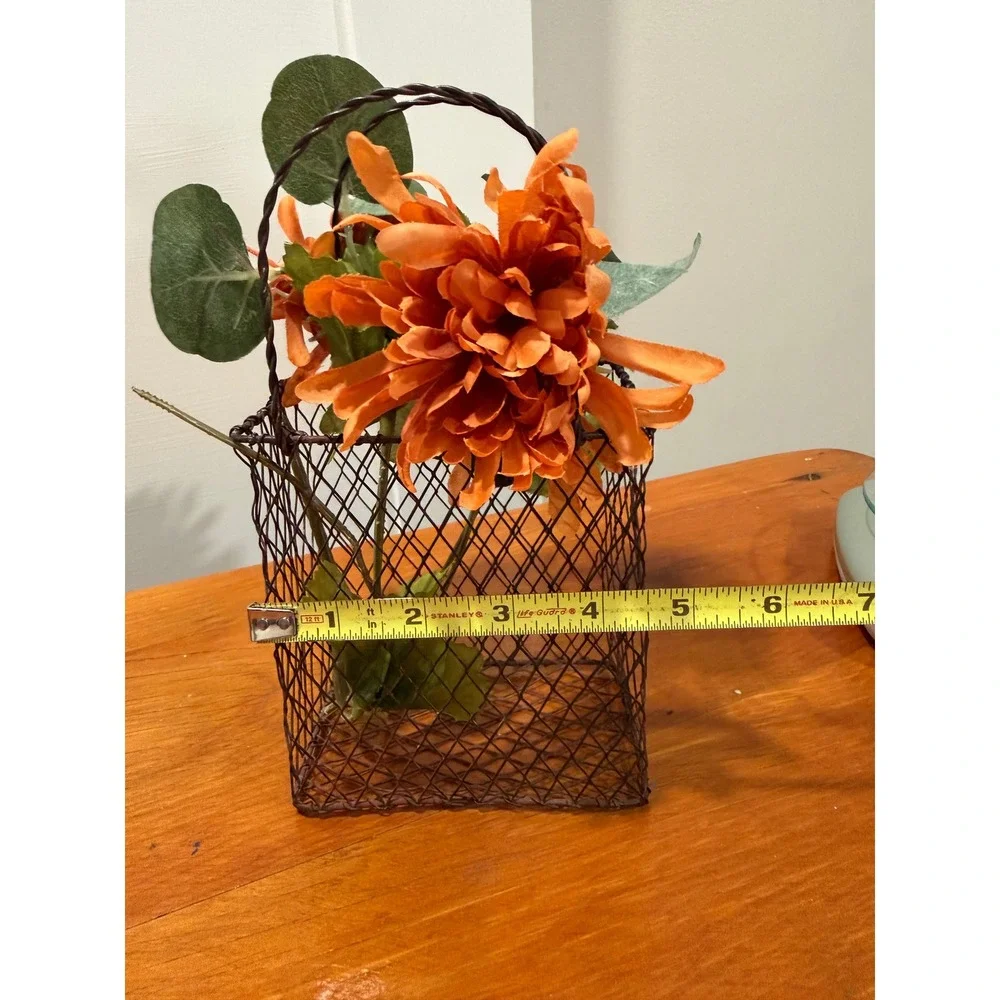 Rustic Brown Metal Chicken Wire Basket with Faux Orange Flowers Farmhouse Decor